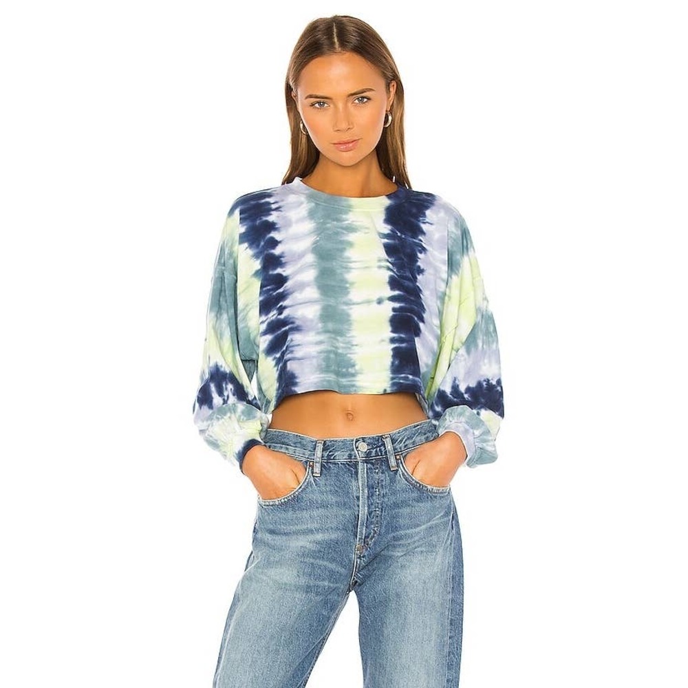 Lovers and Friends Tie Dye Long Sleeve Crop in Blue Stripe Blue Stripe Medium M